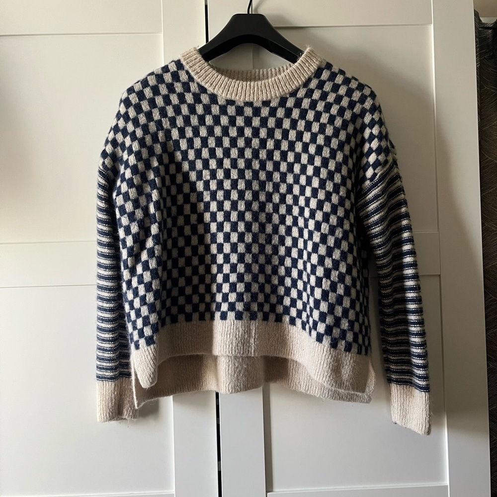Madewell Navy and Cream Checkered Crewneck Sweater